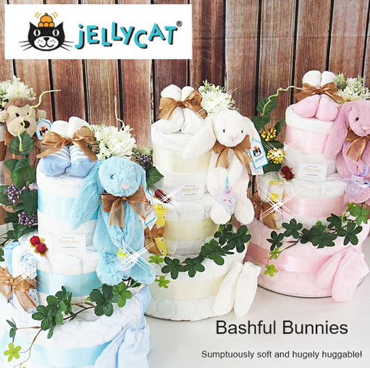 ジェリーキャットおむつケーキ【Ｓサイズ・ホワイトラビット/ライトブルー】大人気のふわふわもこもこぬいぐるみ/出産祝い/jellycat
