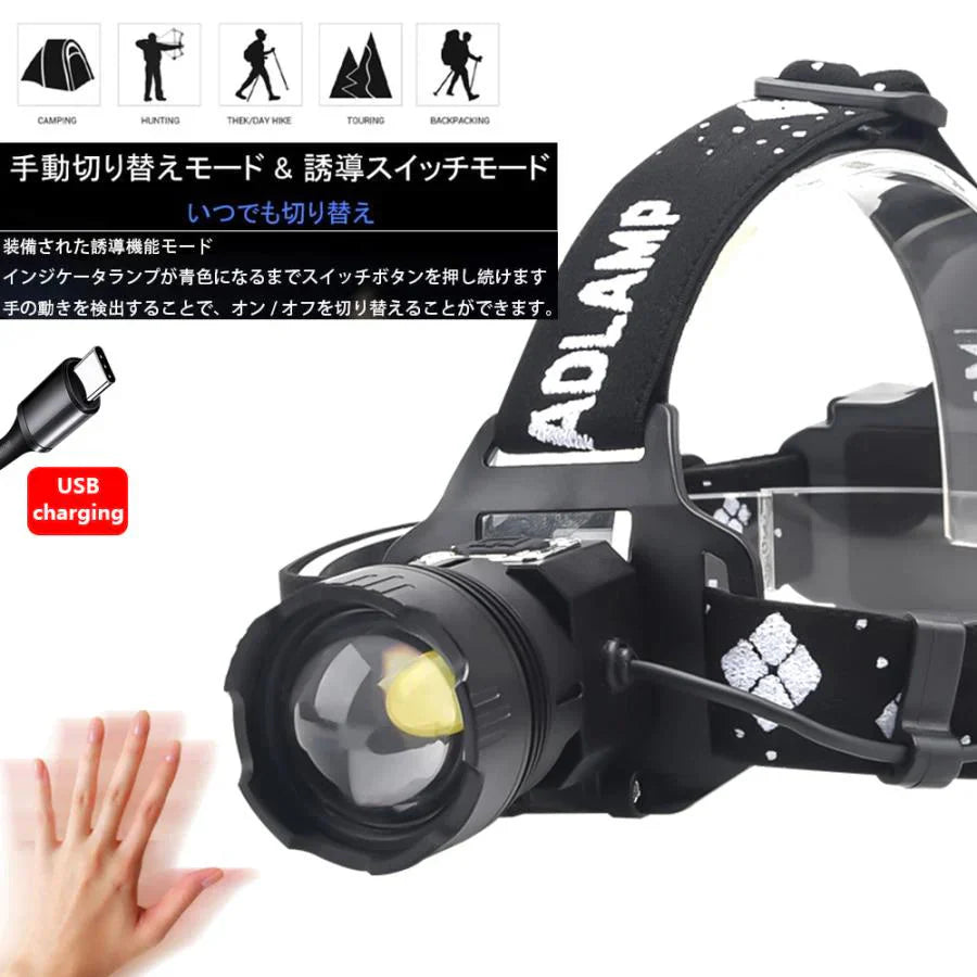 LEDヘッドライト 超強ルーメン ヘッドライト　最高輝度 USB急速充電 センサー機能　 登山 夜釣り アウトドア作業 SOS　IPX4防水機能