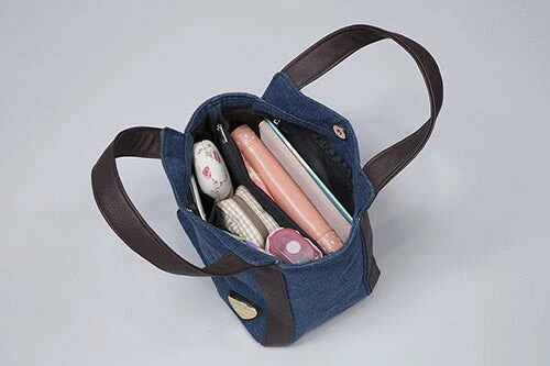 仕分けが便利なデニム手提げバッグ レディース 女性 軽量 軽い 通勤 通学 買い物 ランチバッグ  お弁当バッグ デニム 小さめ 可愛い カジュアル