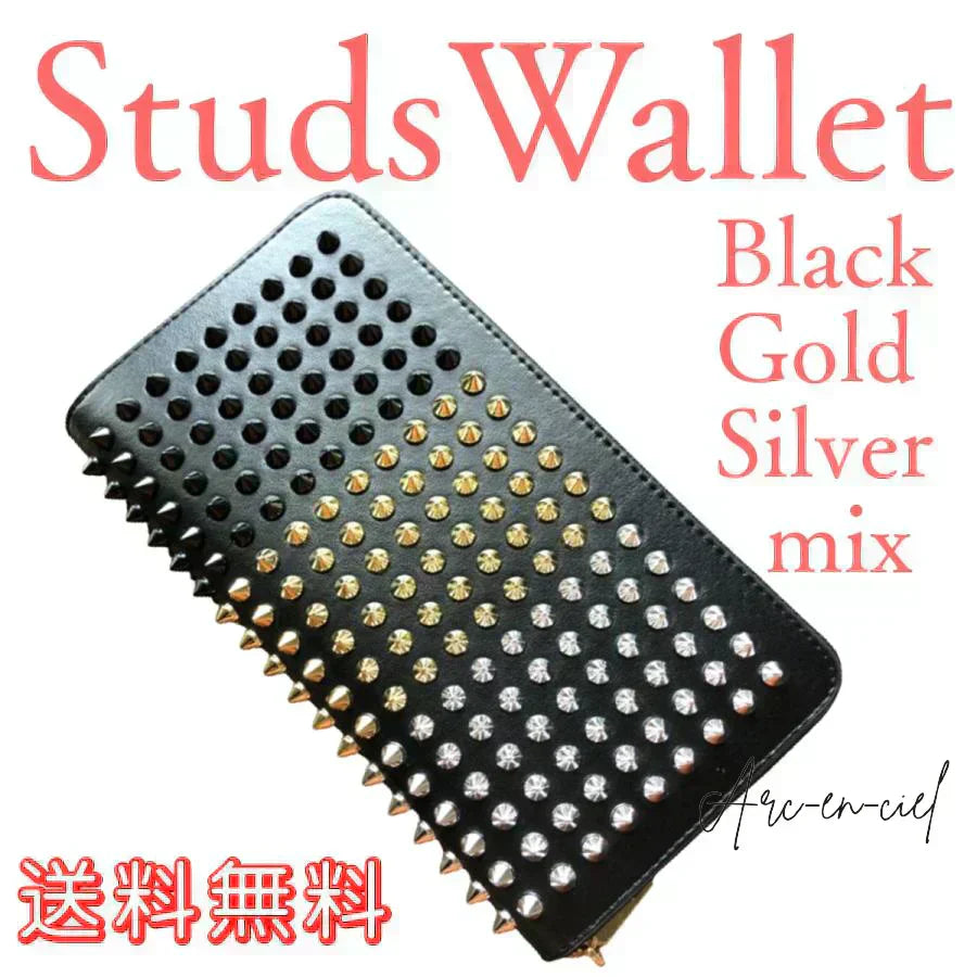 トゲトゲ　キラキラ　スタッズ　mix　長財布　大容量　ラウンドファスナー　オリジナル品