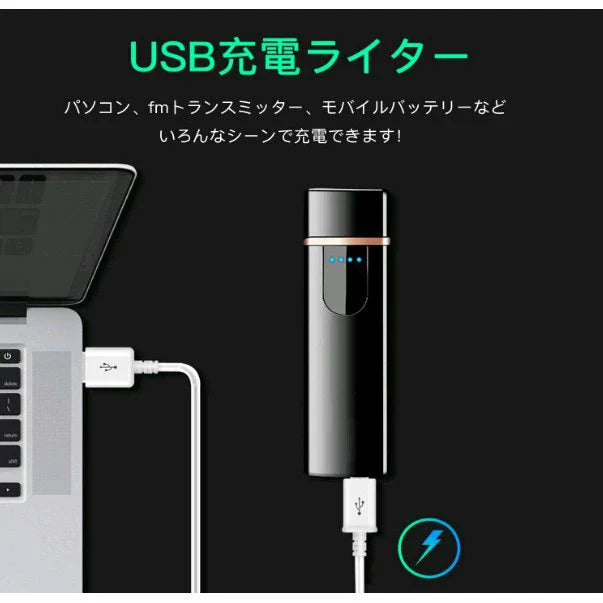 USB充電式 プラズマ 電気 usb ライター 小型 充電式 ガス?オイル不要 防風 軽量 薄型 プレゼントw107B（タイプB）ブラック