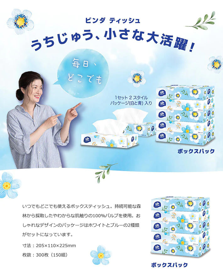 ＼大容量 BOXティッシュ／［300枚(150組)5個×16パック(80個)入り ］花柄ティッシュペーパー ボックスティッシュ150w VINDA NB 送料無料