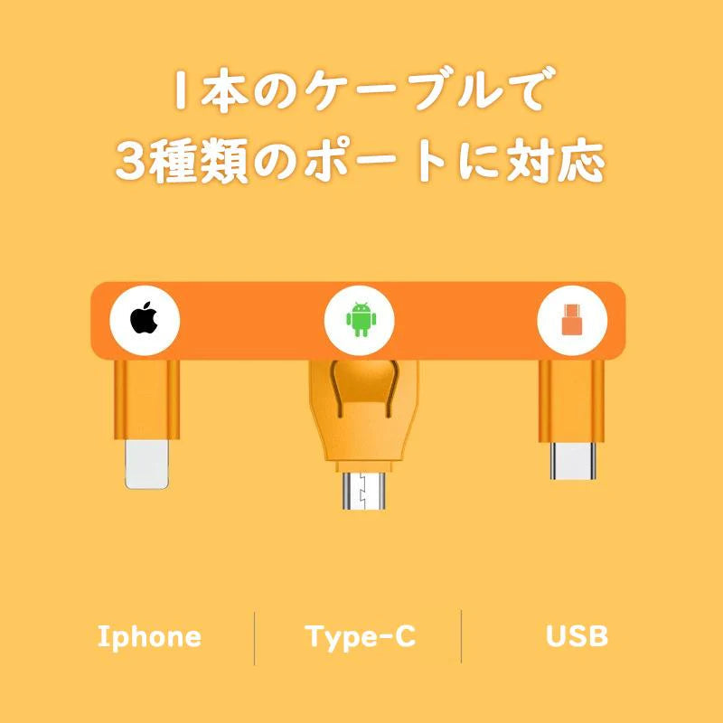 ケーブル 急速充電 3in1 USB Type-c 巻取り 充電 iPhone Pro Max Android 一本三役 在宅 勤務 w450A(オレンジ)
