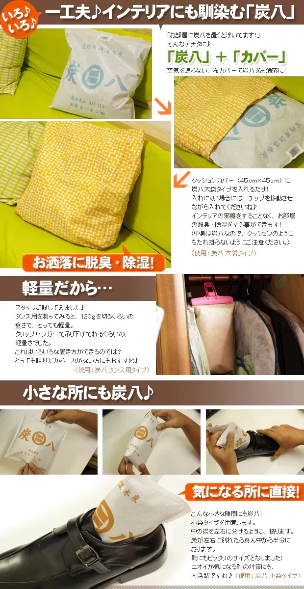 調湿木炭 炭八 いろいろお試し 6個セット（室内用大袋 1個＋押入用 2個＋タンス用 2個＋スマート小袋 1個）