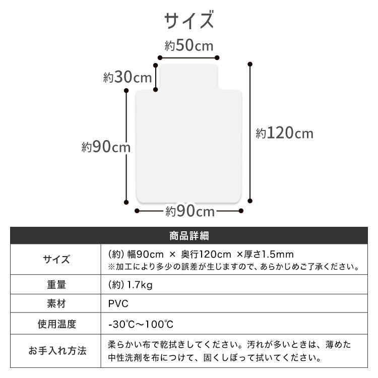 【120×90㎝】チェアマット 透明 おしゃれ 120×90cm 凸型 厚1.5mm 大判 クリア マット 拭ける 床保護マット PVC 抗菌 防臭 床 傷防止マット 撥水 クリアチェアマット 長方形 デスク下マット イス 椅子 チェア キッチンマット デスクマット
