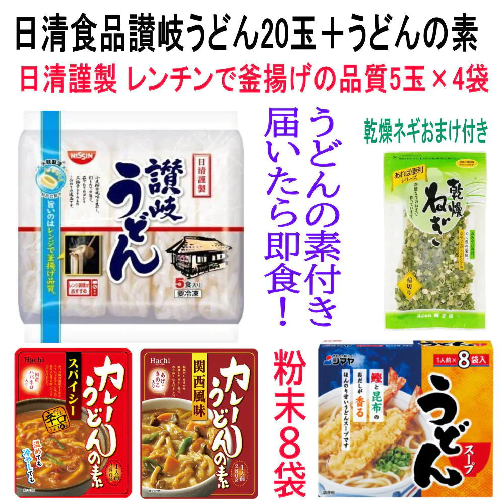 冷凍 食品 日清食品讃岐 電子レンジ調理対応 冷凍うどん 20玉 (5玉×4袋)＋うどんの素 ハチ カレーうどんの素 シマヤ うどんスープ 乾燥ネギおまけ付き