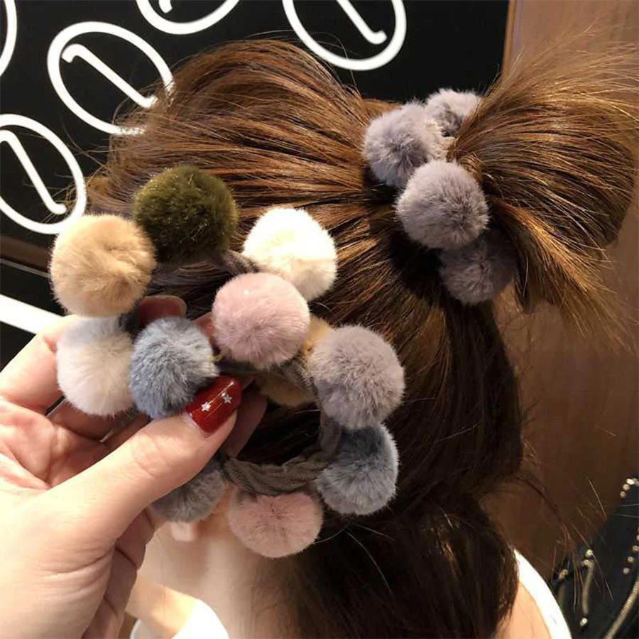 (グリーンホワイト)ファー シュシュ ヘアゴム リングゴム 金具なし 職場 ヘアアクセサリー 大人 子供 髪留め