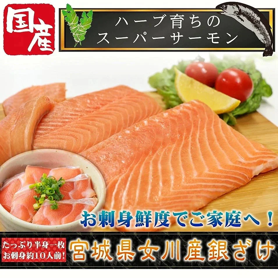 骨なし皮なしあとは切るだけ プロも絶賛！安心と安全の純国産サーモン 宮城県産お刺身用金華銀ざけ たっぷり半身一枚 女川産 しゃけ ギンザケ 銀鮭 サケ 金華銀 金華銀鮭 送料無料