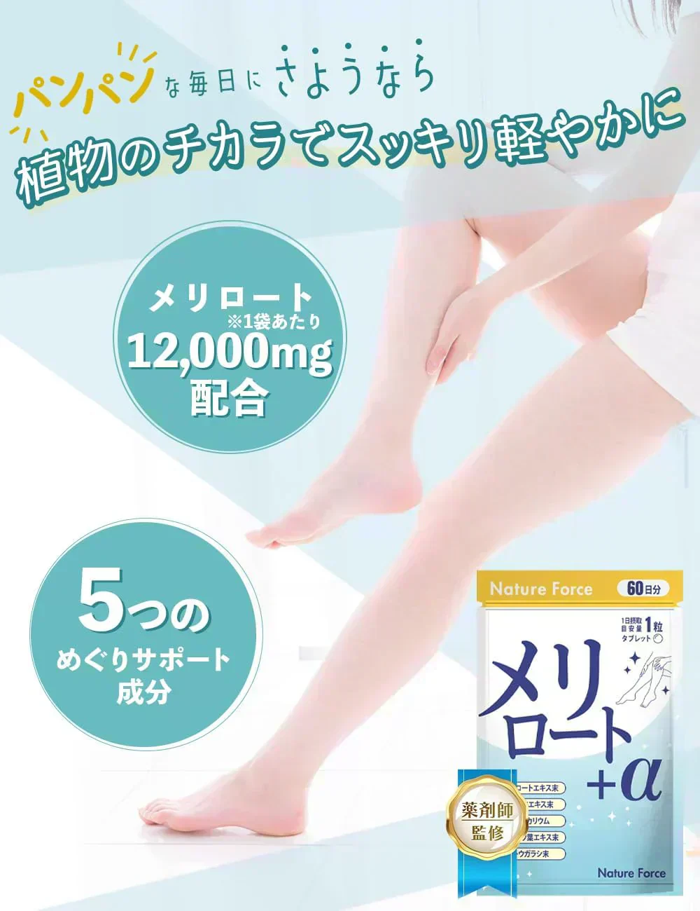 【薬剤師監修】メリロート+α 60日分 1袋 メリロート12,000mg配合 ヒハツ カリウム ネイチャーフォース