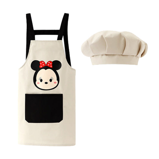 キッズエプロン グレー 140（130cm,140cm,150cm）2点セット H型エプロン 給食帽子 セット 子供用エプロン かわいい キャラクター付 110 120 130 140 幼稚園 小学生 絵画 料理 女の子 男の子