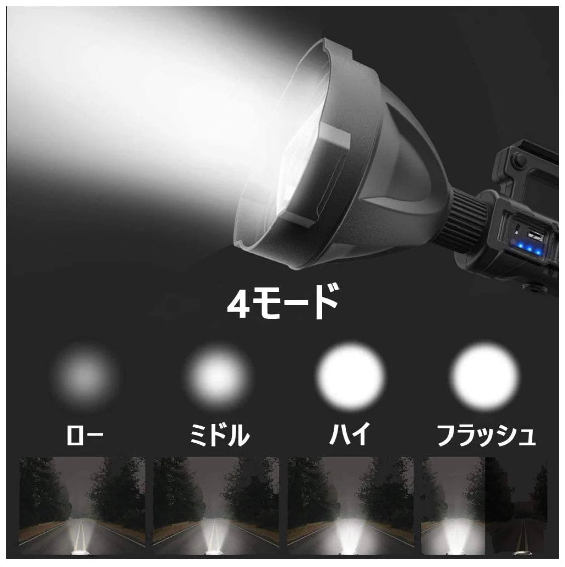 懐中電灯 LED USB充電式 超高輝度 4つ調光モード 三脚スタンド付き IP65防水 8000mAhバッテリー内蔵  LED懐中電灯 サーチライト ledライト フラッシュライト ハンディライト 作業灯 非常灯 強力 軍用 停電 防災対策 夜釣り(w028)