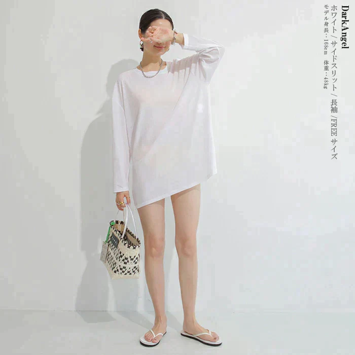 シアーロングスリーブサイドスリットTシャツ（ホワイト/長袖/FREEサイズ）