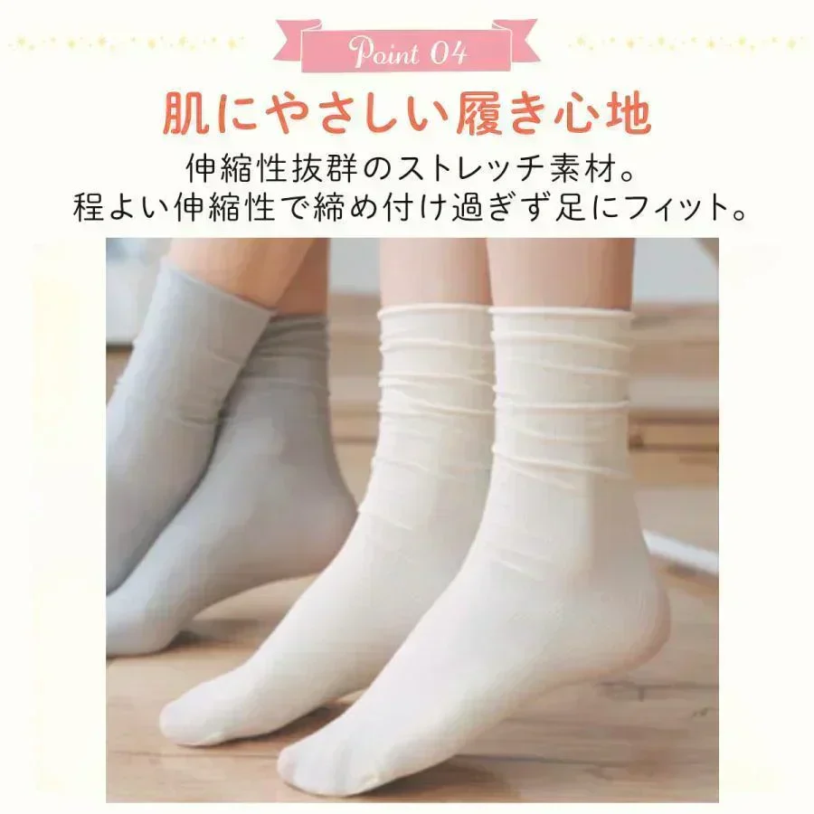 【ホワイト/クリーム/オフホワイト/コーラル/ダスティパープル】薄手クルーソックス5足セット　靴下  おしゃれ 無地 ソックス 夏用