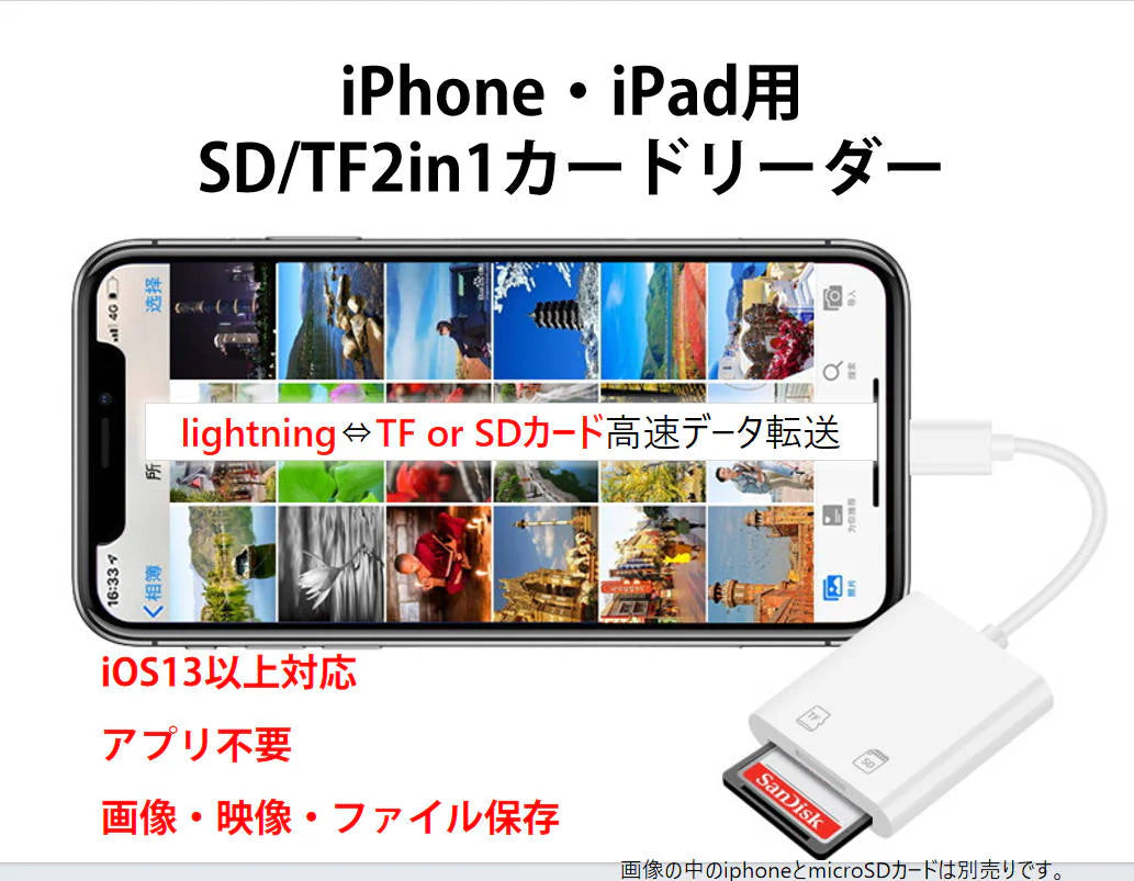 iPhone用TF/SDカードリーダー2in1 MicroSD/SDカードリーダー iPad Lightningライトニング専用 データ転送 バックアップ Office PDF スマートフォン 保存移動
