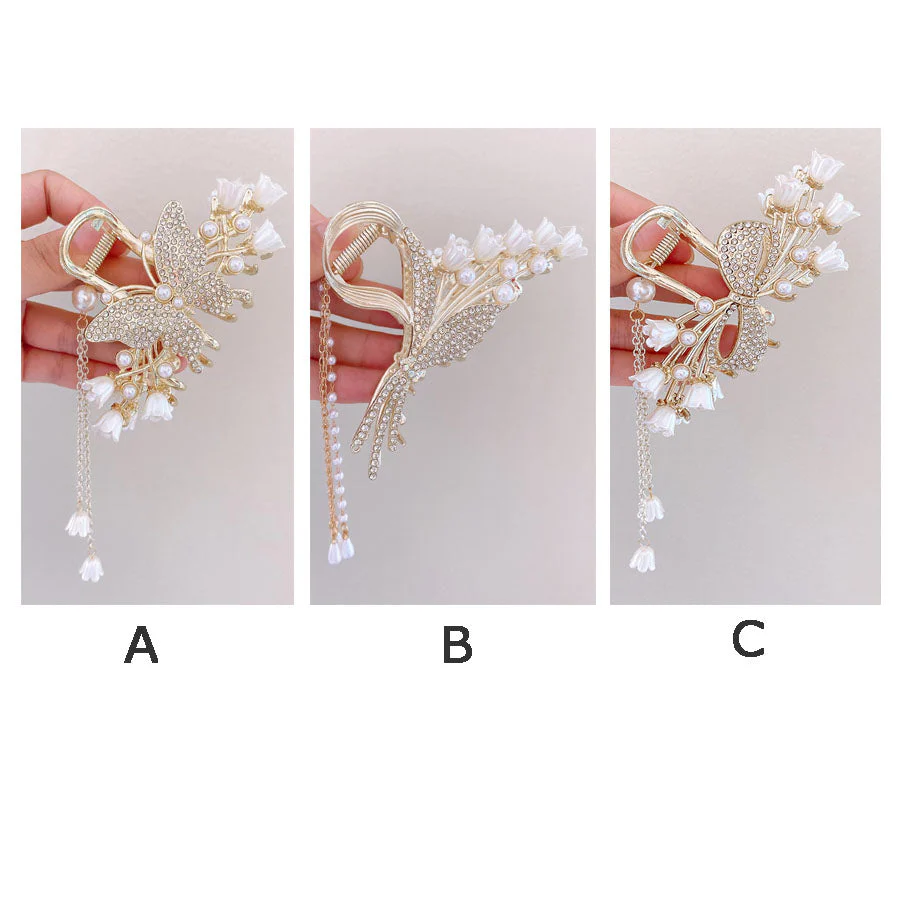 (A)ヘアクリップ  髪留め 髪飾り バレッタ フラワー 蝶ヘアアクセサリー オシャレ上品　パーティー飾り ゆらゆらチェーン付き