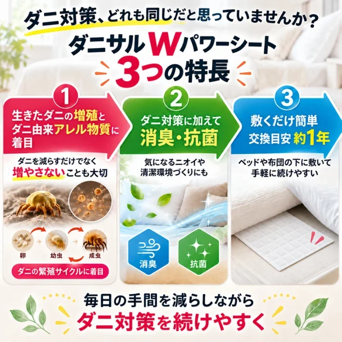 【送料無料】ダニサルWパワーシート　ワイドサイズ　【2枚セット】　　ダニ対策　メーカー直販　駆除　絶滅　退治　ダニ取り　ダニ捕り　捕獲シート　ダニよけ　寝具　布団　ベッド　押し入れ　タンス　ソファー　ヌイグルミ　カーペット　枕　マットレス　ペット　無臭
