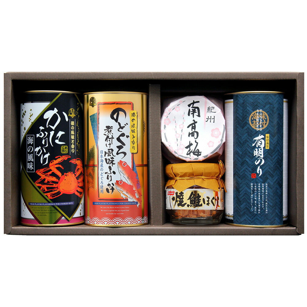 【3人シェア買いでお得】味工房 特選ギフト 有明のり12切5枚入り×8袋 かにふりかけ50ｇ のどぐろ煮付け風味ふりかけ50ｇ 紀州南高梅100ｇ ニッスイ焼鮭ほぐし55ｇ