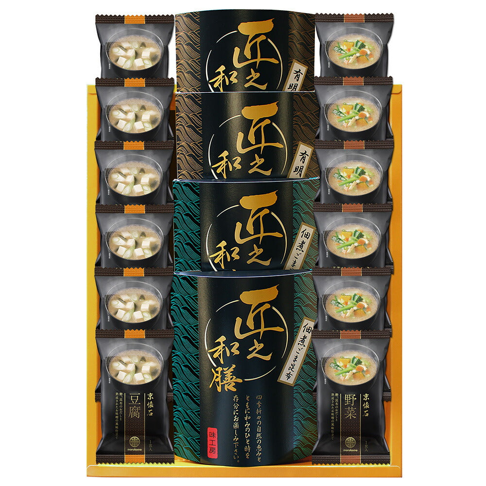 【3人シェア買いでお得】フリーズドライのおみそ汁と有明のリ・佃煮詰合せ 豆腐×6 野菜×6 のリ12切5枚8束×2 佃煮×2
