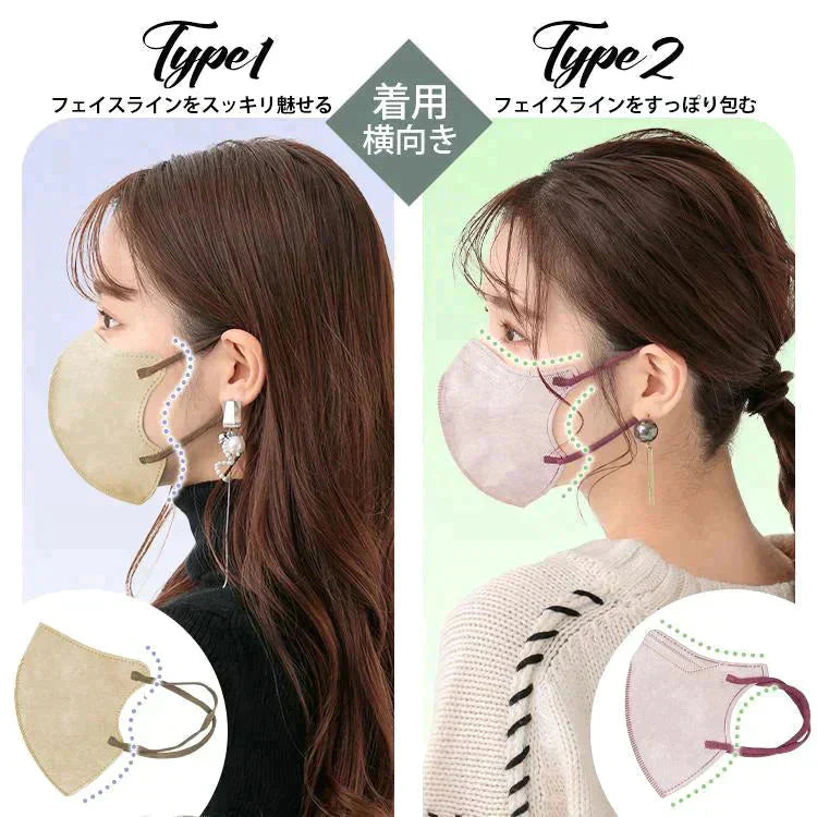 「Type1・Lサイズ・アイボリー」 マスク 3D立体構造 3層 不織布 30枚入り ビューティ小顔 カラー 血色マスク 男女用 ファッション 耳が痛くない 蒸れない