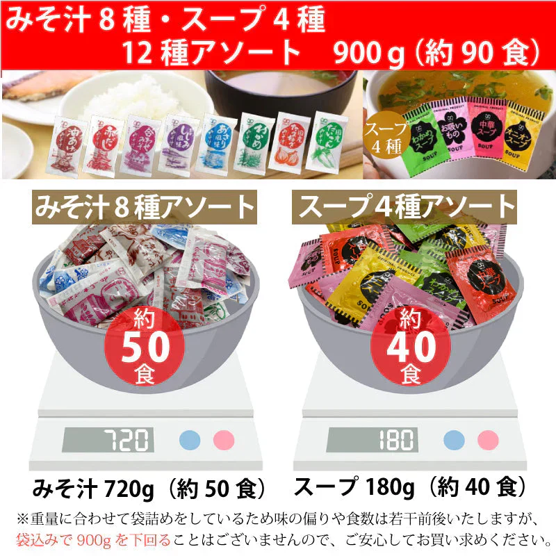 【3人シェア買いでお得】【900g (約90食】即席スープ4種　国産みそ汁 生みそタイプ 8種類　計12種より お任せアソート 送料込