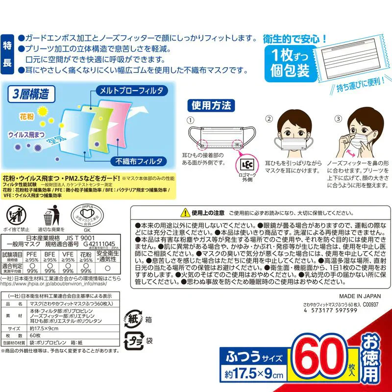 日本製 さわやかフィット 不織布マスク ふつう 個包装 60枚入×2個　120枚