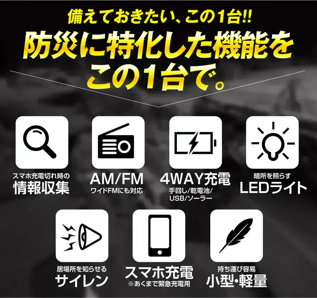 手回し充電防災ラジオ　1個【発送時期は商品説明参照】手回し 防災 充電 多機能 AM FM ワイドFM サイレン LEDライト コンパクト 緊急充電 ソーラー USB 乾電池 防災
