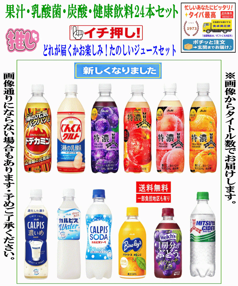 【新24本セット】アサヒ飲料 ジュース 詰め合わせ 24本 セット アソート 飲み比べ ペットボトル カルピス 三ツ矢サイダー ドデカミン バヤリース 炭酸 乳酸菌 備蓄 非常食 ローリングストック ギフト 関東圏送料無料