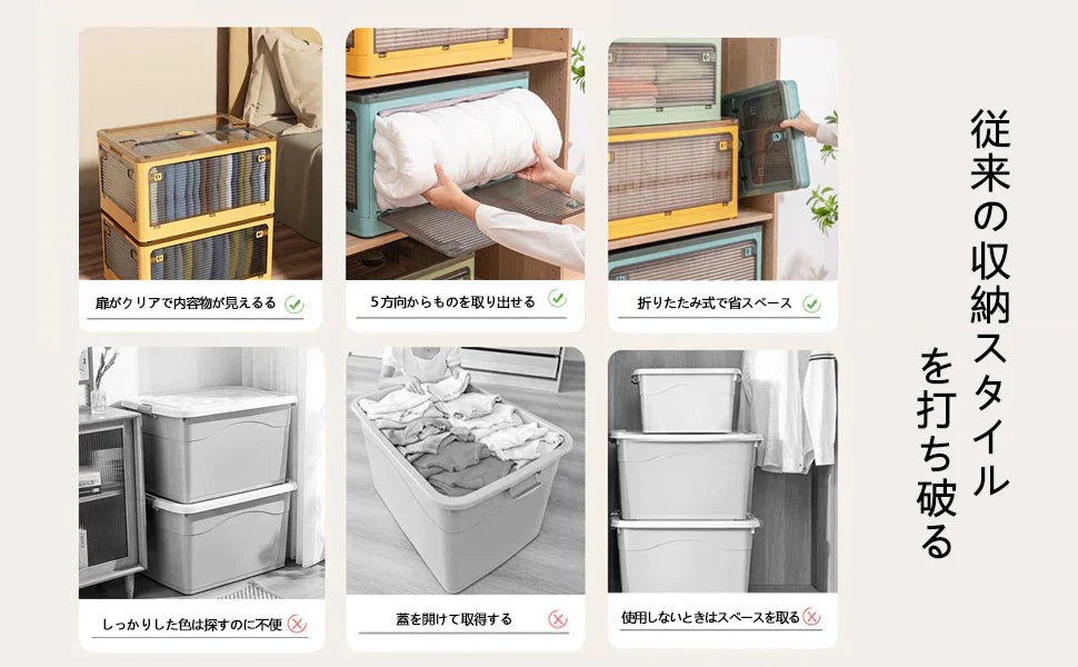 XINYF 収納ボックス(ホワイト-1個, 51.5×36×30cm-55.6L) 折りたたみ 蓋付き 積み重ね 全方向から取り出せる 収納ケース プラスチック キャスター付き