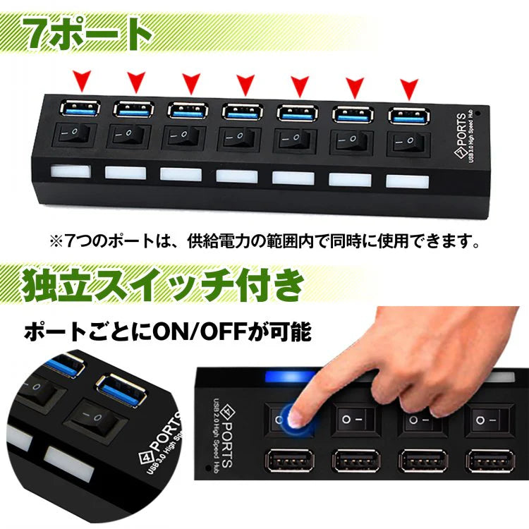 7ポートUSB3.0 ハブ 「ホワイト」 スイッチ付 高速 USB ケーブル 充電器 変換 パソコン 省エネ オン オフ スイッチ付 PC パソコン リモートワーク mb111-wh