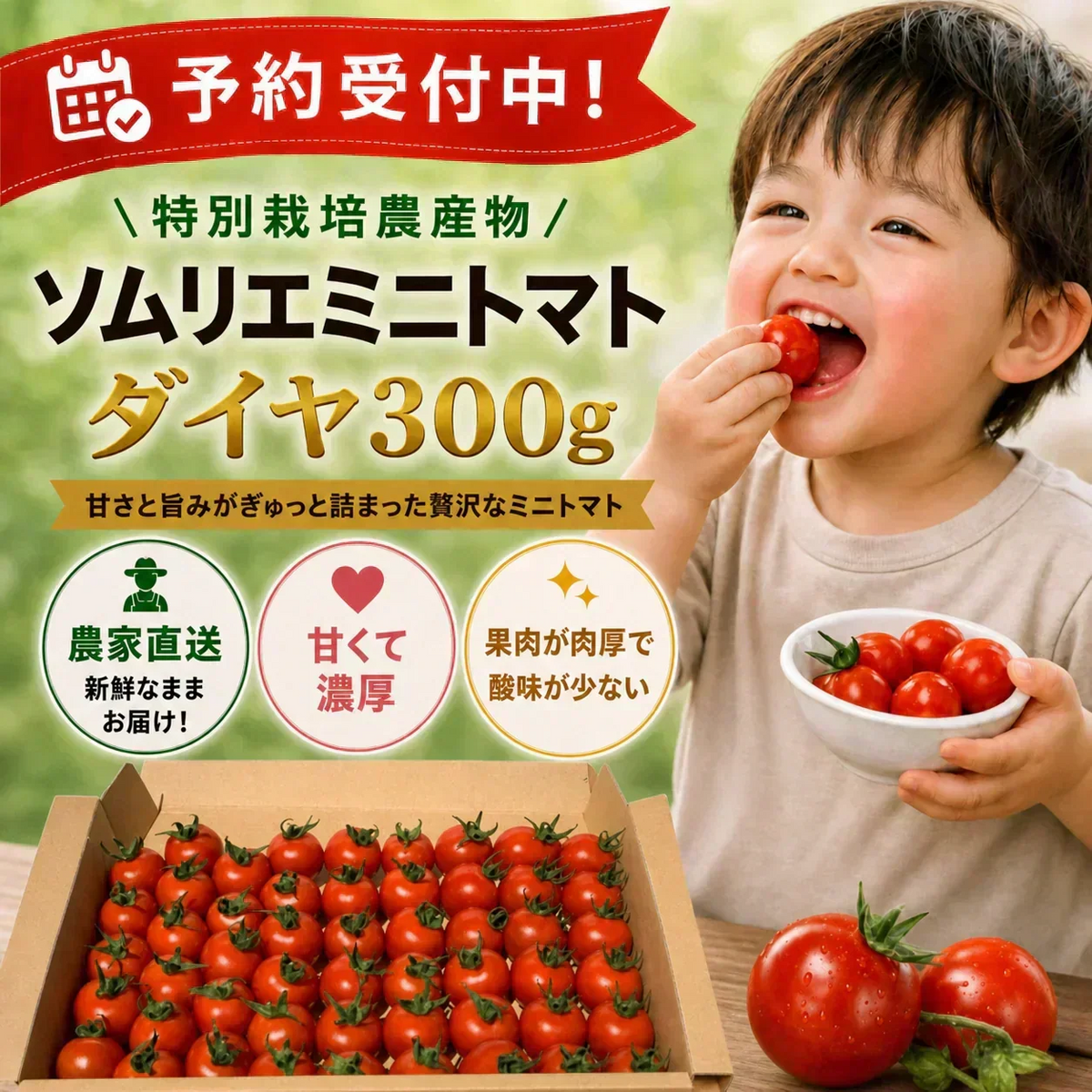 予約【2026年12月前後～2027年2月28日までに順次発送】＼特別栽培農産物／ ソムリエミニトマト　ダイヤ　３００ｇ（補償100g込み）※補償分以上の不良は交換対応可能【カウシェファーム収穫対象商品】