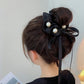 (ブラック)ヘアゴム リボンシュシュ パール高級感 ヘアアクセサリー 髪留め ヘアアレンジ お呼ばれ 髪飾り キュート お団子髪飾り