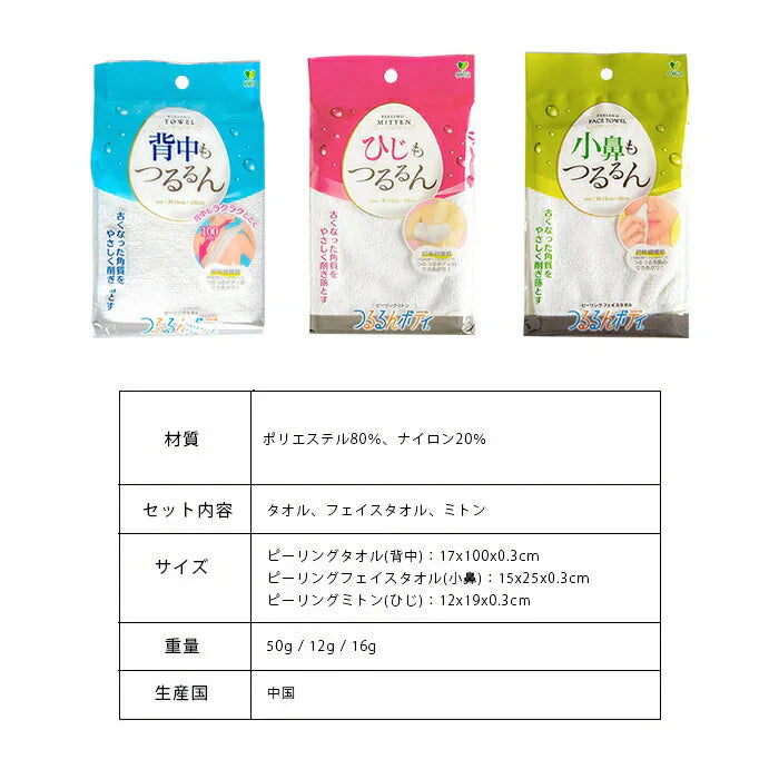 【つるつるお肌が手に入る!】ピーリングタオル セット 角質ケア 角質除去 角質取り 垢すりタオル ボディタオル 垢すりスポンジ ボディケア 背中 小鼻 ひじ ひざ かかと / つるるんボディリゼ