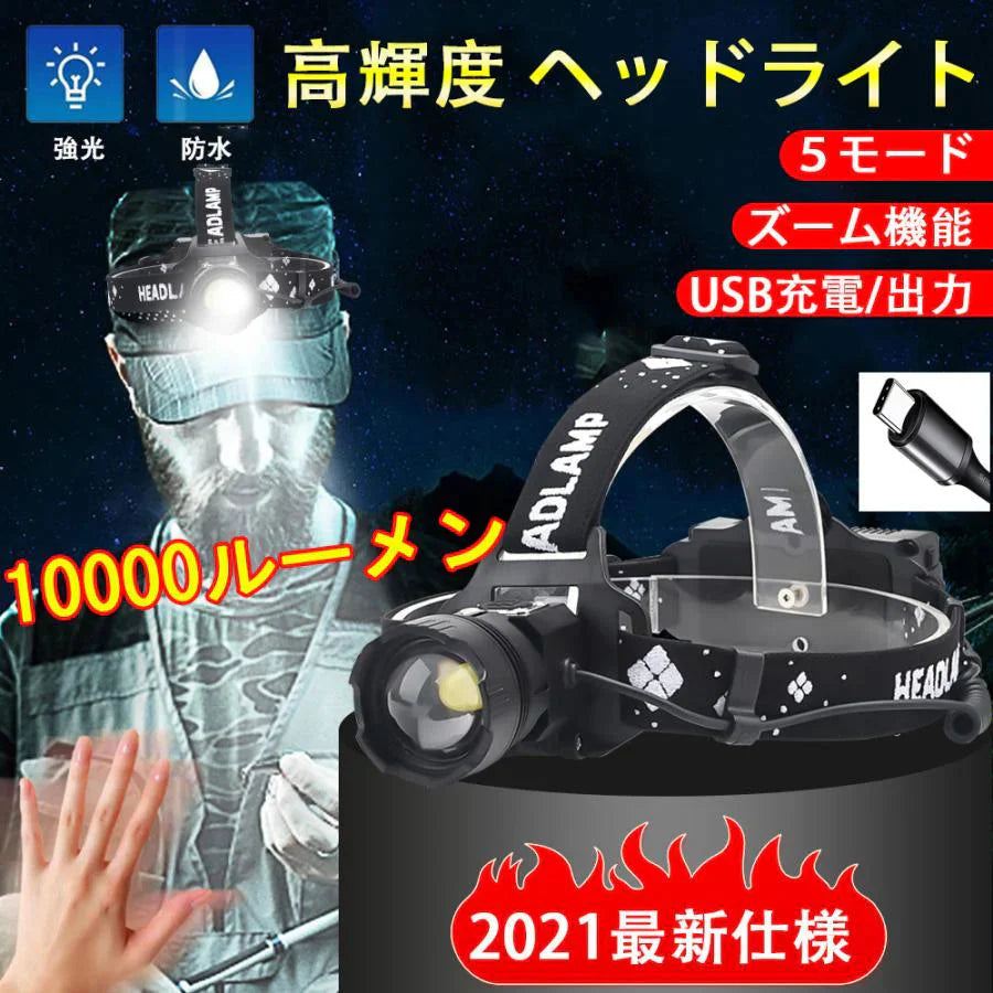 LEDヘッドライト 超強ルーメン ヘッドライト　最高輝度 USB急速充電 センサー機能　 登山 夜釣り アウトドア作業 SOS　IPX4防水機能