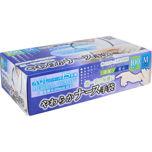 使い捨てビニール手袋 カネイシ やわらかナース手袋 ノンパウダー Mサイズ 100枚入り X4箱