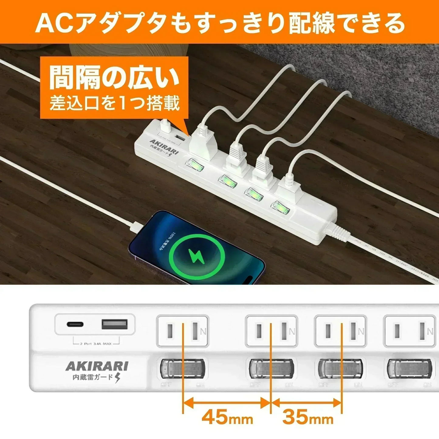 【同時に複数接続OK！】電源タップ 6個口 延長ケーブル コ差込口は4個 USBポートが2口 電源タップ 二重被ふくコード 省エネ 延長ケーブル 1m AC4個口+2USB type-C type-A 180度スイングプラグ 個別スイッチ LED付スイッチ ほこり防止シャッター付き 省エネ 延長ケーブル コード タップ テーブルタップ PSE認証済 雷ガード 急速充電 すき間対応 壁 卓上 薄型 ホワイト