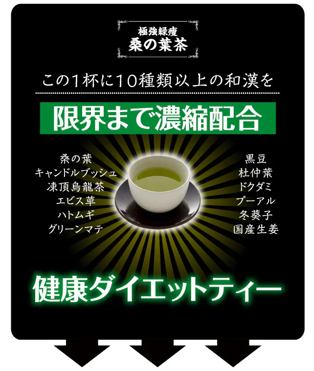 極強緑痩桑の葉茶【大容量30包入り】 10種類以上の和漢を濃縮配合 ダイエット茶 ダイエットティー 桑の葉ダイエット ダイエット飲料 和漢 ダイエット茶 ダイエットドリンク ダイエットティー 極強緑痩桑の葉茶 桑の葉、キャンドルブッシュ、エビス草、ハトムギ、凍頂烏龍茶粉、杜仲茶、ドクダミ、国産生姜、黒豆、プーアル茶、トウキシ、グリーンマテ、ローズヒップ