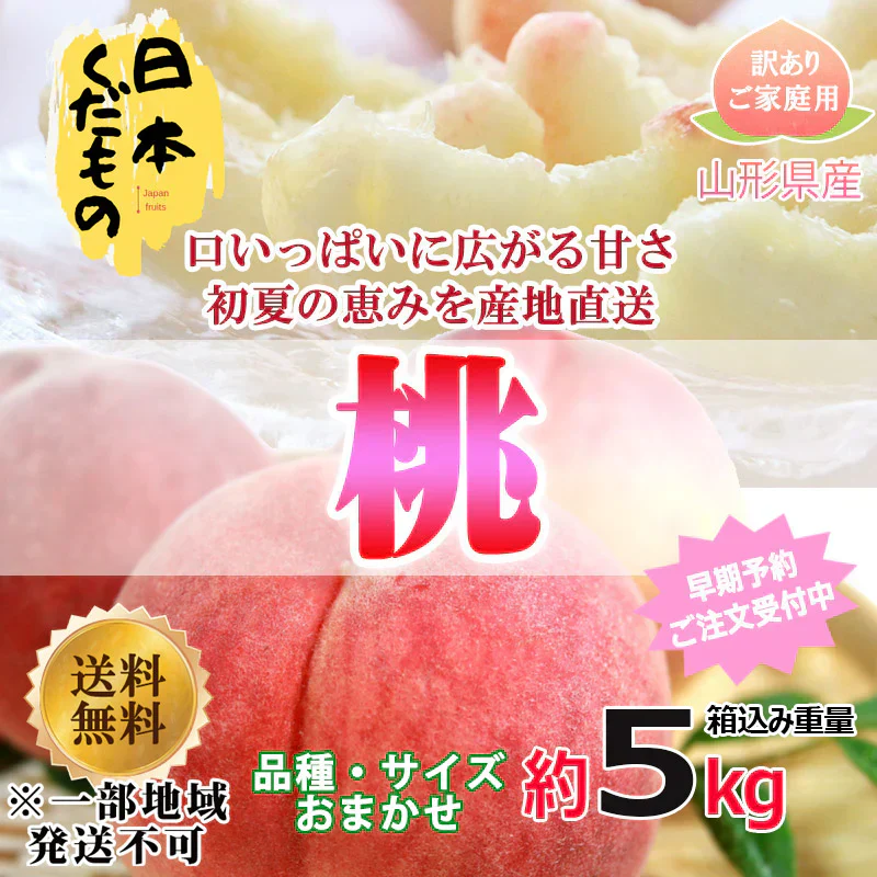 【8/15～9/15頃に発送予定】桃 5kg 4280円 山形県産 品種おまかせ 訳あり 家庭用