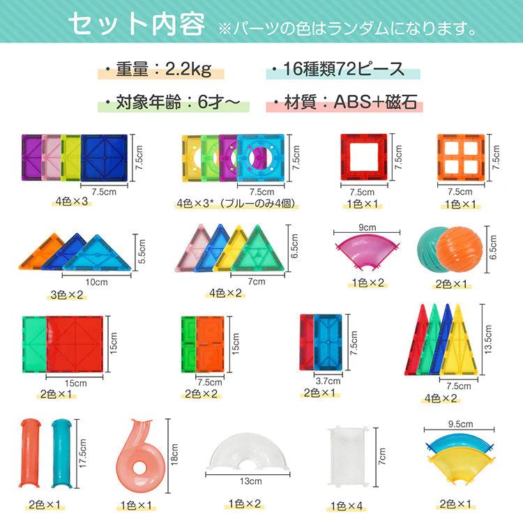 マグビルド 磁石ブロック 72ピース マグネットブロック 磁気おもちゃ 知育玩具 16種類磁石 パズル 城 車 子供 おもちゃ 誕生日 クリスマス プレゼント ギフト