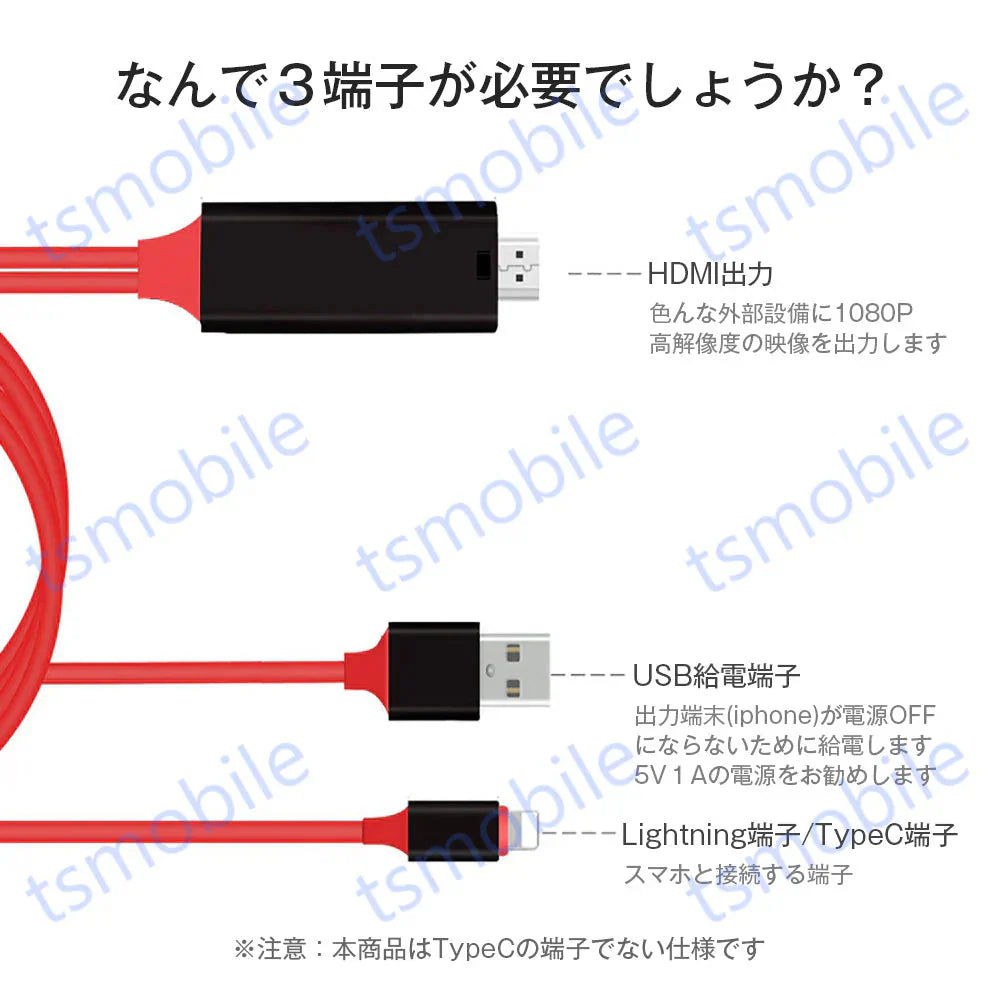 赤lightning HDMI変換ケーブル1080P HD画質iPhone Lightning Digital ライトニング HDMI 変換アダプター スマホ アップル