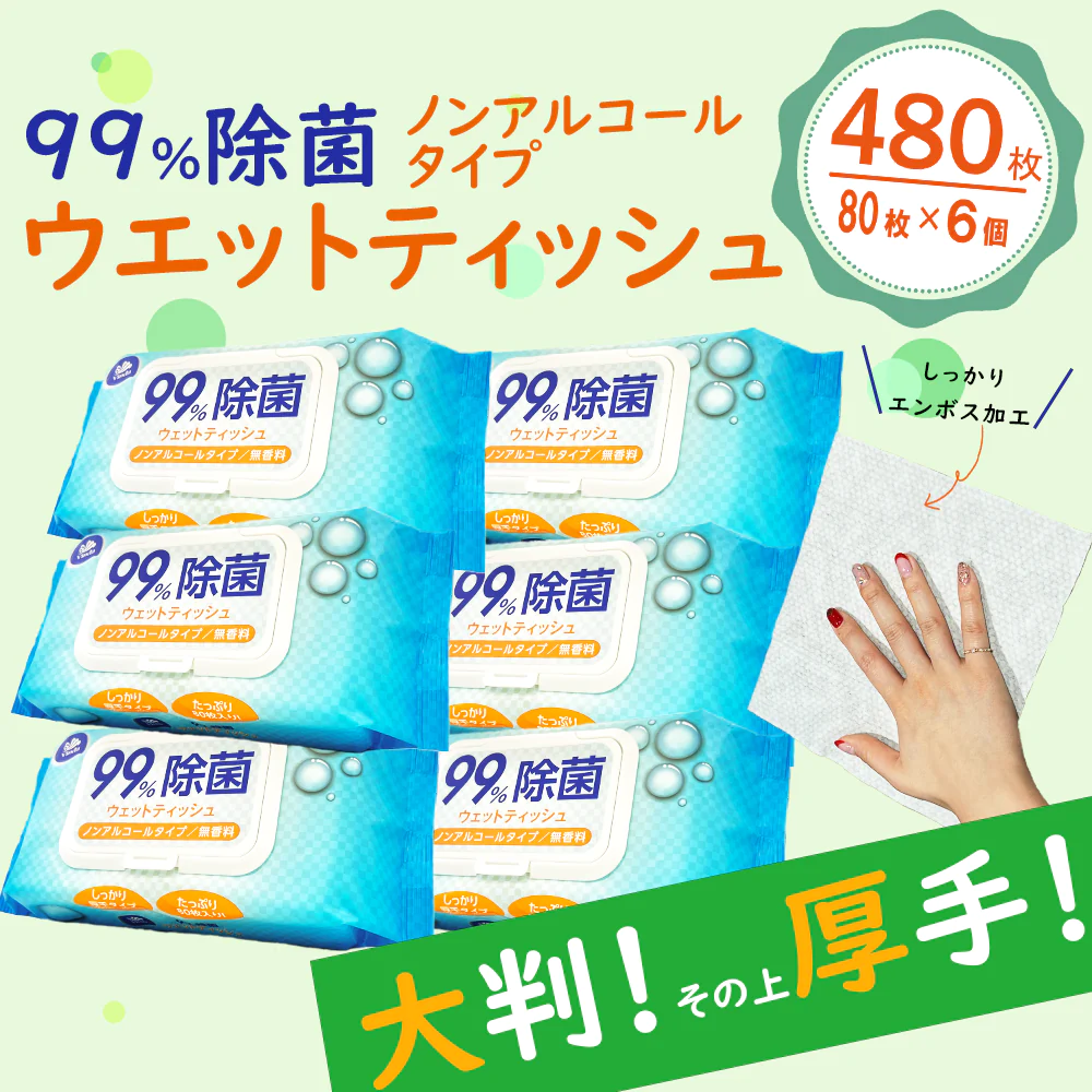 大判・厚手・ノンアルコール99%除菌ウエットティッシュ　蓋つき エンボスシート 無香料 99％除菌認定品　［ 80枚　6パック入り（480枚） ］　送料無料