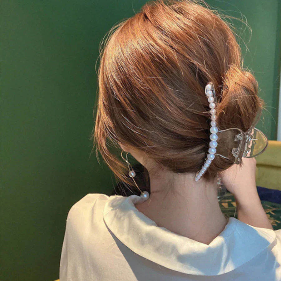 (ホワイト)ヘアクリップ 大粒パール バレッタ まとめ髪 髪飾り ヘアアクセサリー 髪留め ヘアアレンジ アクセント パール バンスクリップ