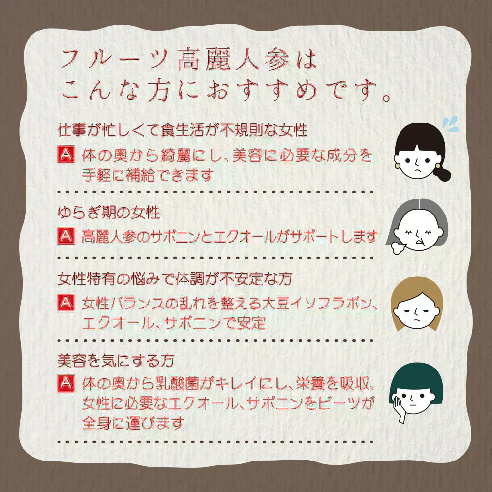期間限定セール☆1ヵ月分【美容成分たっぷり】フルーツ高麗人参90g(3g×30包) 高麗人参 6年根 ｴｷｽ 韓国産 サポニン 漢方 田七人参 更年期 サプリメント 酵素 フラボノイド 血圧 エクオール ビーツ めぐり ホットフラッシュ 女性ホルモン イライラ 便秘 発酵 イソフラボン
