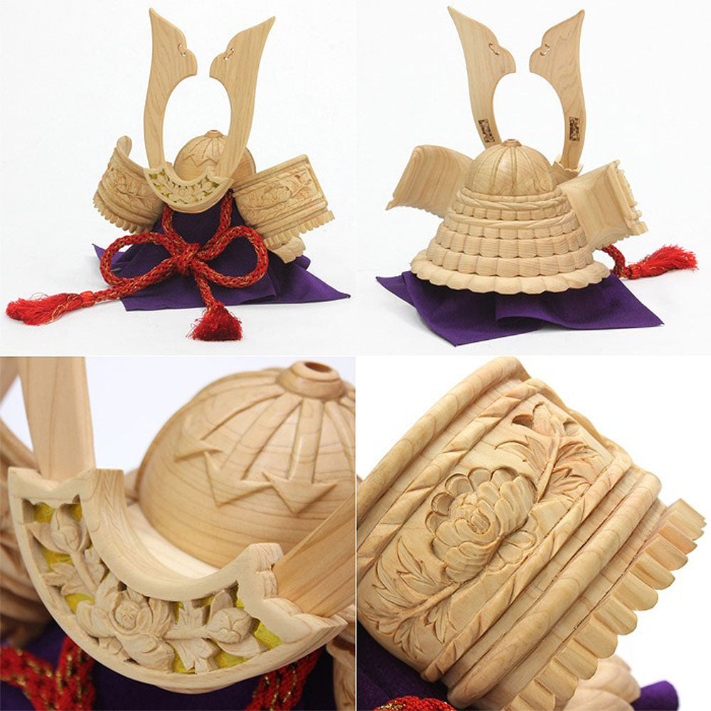 【3人シェア買いでお得】ひのきの木彫り兜 武神 4点セット（黒）【お届け不可地域：北海道・沖縄・離島】