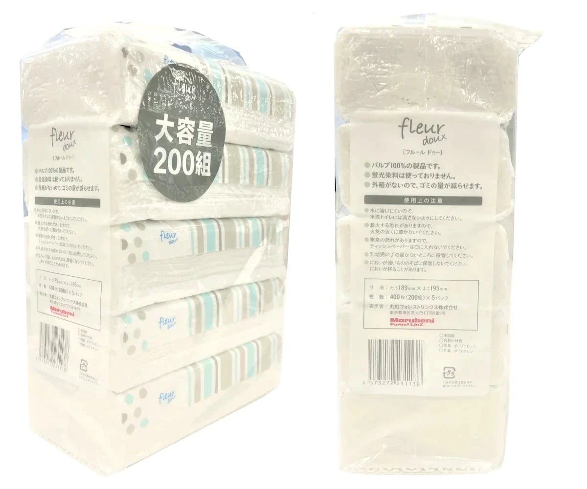 【超シェア買い祭】【57.3円/パック】＼大容量ティッシュ／［400枚（200組）5個×16パック(80個)入り ］ティッシュペーパー ソフトパックティッシュ200W 青色パッケージ フルールドゥ 送料無料