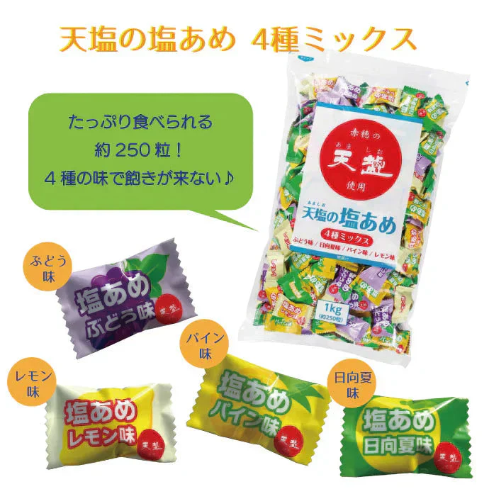 天塩の塩あめ 4種ミックス 2袋セット（1kg(約250粒)/袋） ブドウ味・向日夏味・パイン味・レモン味 [赤穂化成] 塩分補給 熱中症 対策 飴 あめ