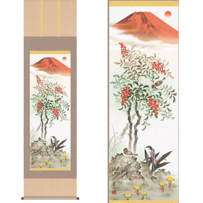 掛軸「紅白南天霊峰図」尺三立・須藤栄心　筆