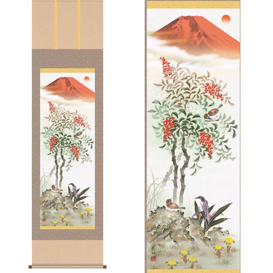 掛軸「紅白南天霊峰図」尺三立・須藤栄心　筆