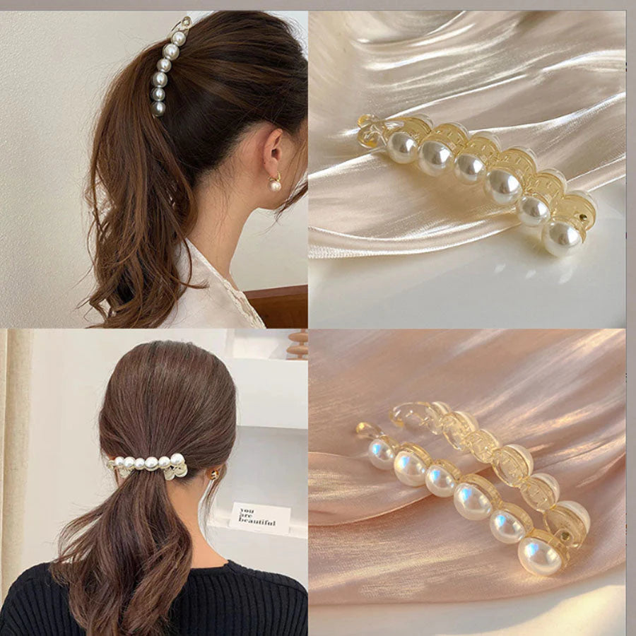 (ブラック)バナナクリップ ヘアクリップ 大きめ パール ヘアアクセサリー 髪留め 結婚式 パーティ シンプル 大人かわいい