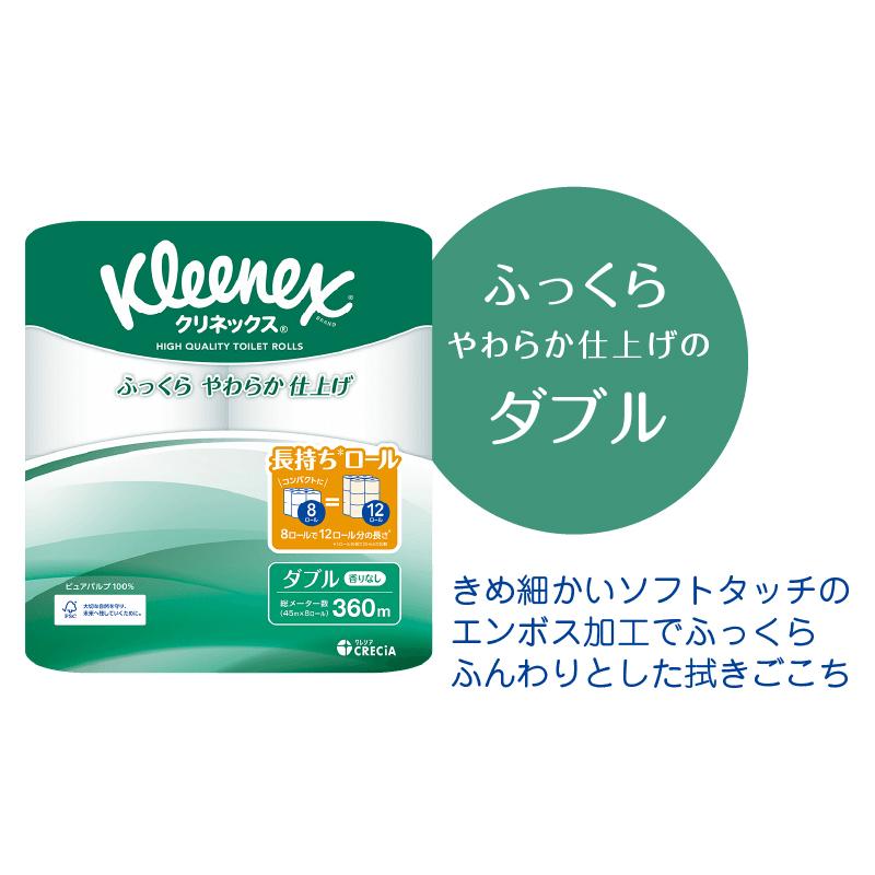 クリネックス ふっくらやわらか仕上げトイレットペーパー 長持ちロール ダブル45m 8ロールX8パック