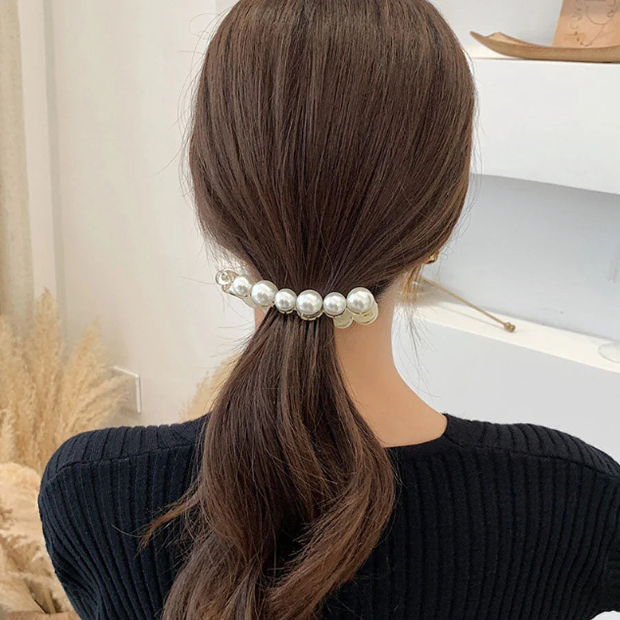 (ブラック)バナナクリップ ヘアクリップ 大きめ パール ヘアアクセサリー 髪留め 結婚式 パーティ シンプル 大人かわいい